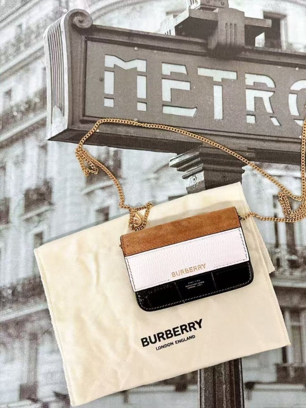 The bag displayed in the image is the Burberry Suede and Leather Tricolor Grace